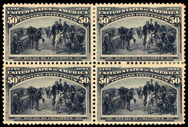 50c Recall of Columbus block of four, 1893. Creator: Unknown.