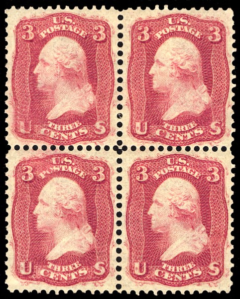 3c Washington "Premier Gravure" block of four, 1861. Creator: Unknown.