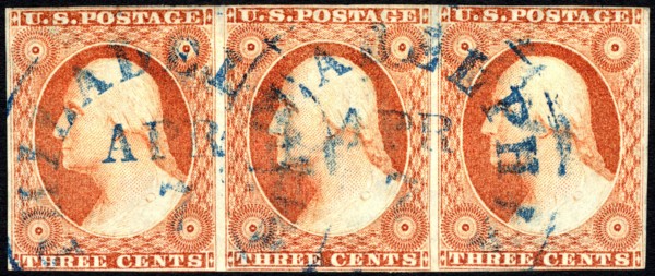 3c Washington imperforate strip of three, c. 1852. Creator: Unknown.