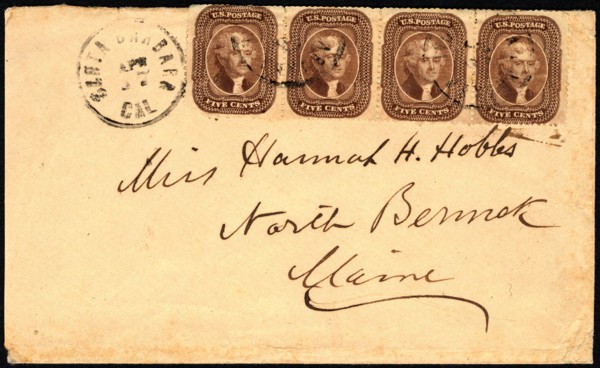 5c Thomas Jefferson strip of four on Santa Barbara, CA to Maine cover, 1860-1861. Creator: Unknown.