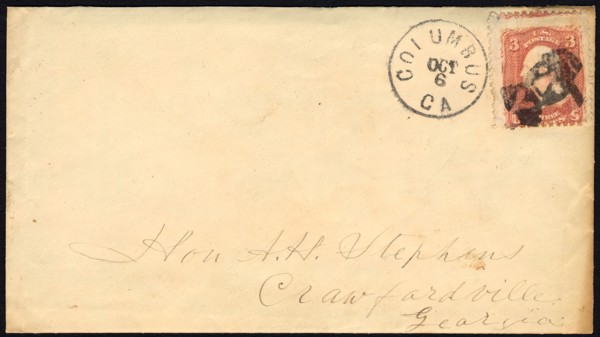 3c Washington with Columbus, GA man with a hat on cover, 1861. Creator: Unknown.