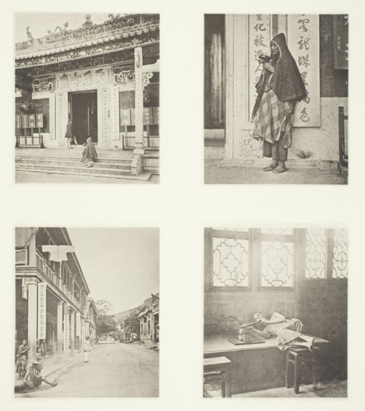 Front of Kwan-Yin Temple, Hong-Kong; A Mendicant Priest; A Street in Hong-Kong; Opium..., c. 1868. Creator: John Thomson.