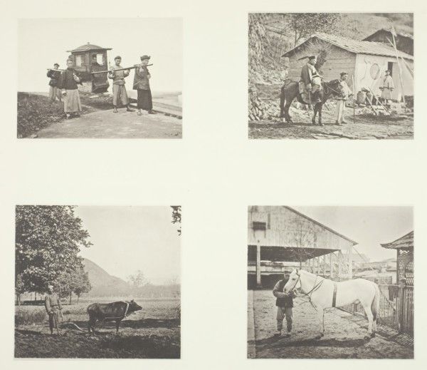 The Sedan; A Military Officer; The Plough; A North China Pony, c. 1868. Creator: John Thomson.