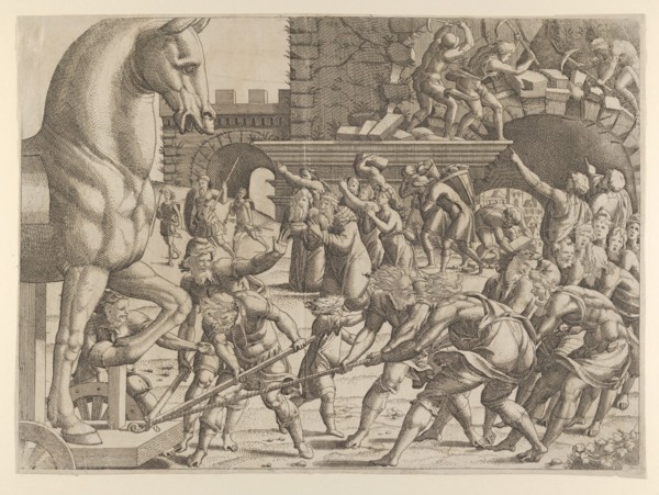 The Trojans Bring the Wooden Horse into Their City, 1535-55. Creator: Jean Mignon.