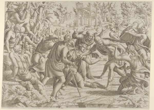 The Treacherous Sinon Brought into the Trajan's Camp by the Shepherds, 1535-55. Creator: Jean Mignon.