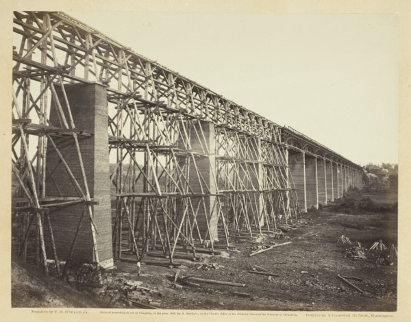 High Bridge Crossing the Appomattox, Near Farmville, 1865. Creator: Alexander Gardner.