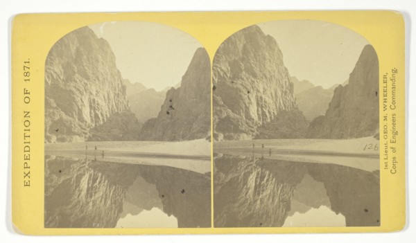 View down Black Cañon, from Mirror Bar. The walls repeated by reflection, 1871. Creator: Tim O'Sullivan.