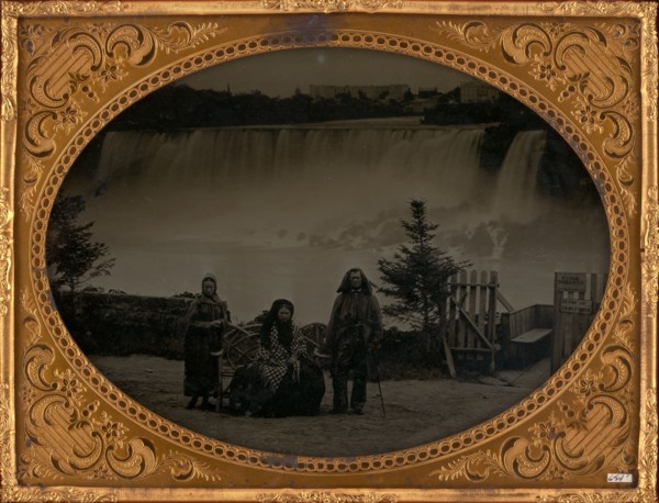 Untitled (Portrait of a Man and two Women in Front of Niagara Falls), 1870. Creator: Unknown.