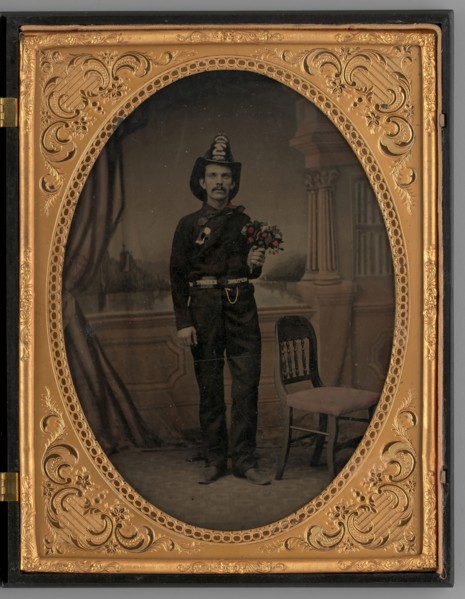 Untitled (Portrait of a Standing Man Wearing a Fireman's Uniform), 1865. Creator: Unknown.