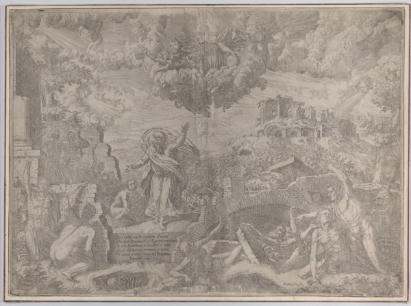 The vision of Ezekiel, with the dead rising and putting on their flesh, God the Father abo..., 1579. Creator: Giovanni Battista Fontana.