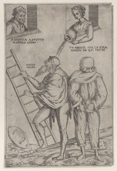 A man climbs a ladder while a woman throws water on him from above, 1575-99. Creator: Giovanni Ambrogio Brambilla.