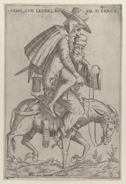 Caricature with two men on a mule, 1575-99. Creator: Giovanni Ambrogio Brambilla.