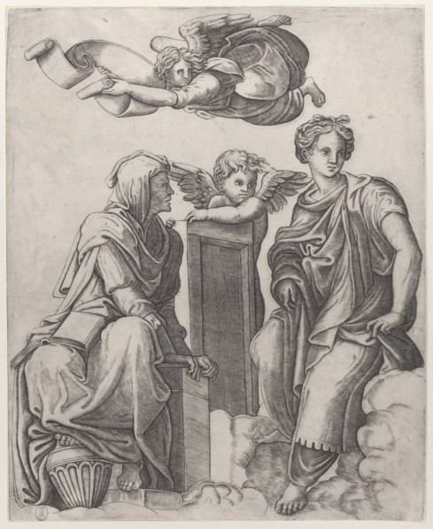 Two female figures seated in the clouds flanking an angel and another flying above ..., ca. 1510-25. Creator: Giovanni Antonio da Brescia.