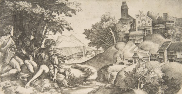 At left four shepherds with musical instruments seated under a group of trees..., ca. 1517. Creators: Giulio Campagnola, Domenico Campagnola.