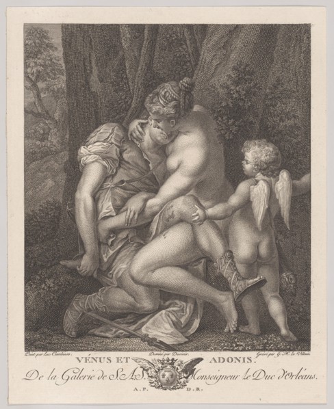 Venus mourning Adonis, seated beneath a tree and embracing him, with Cupid at right, c..., ca. 1786. Creators: Gérard René Le Vilain, Bernard Duvivier.