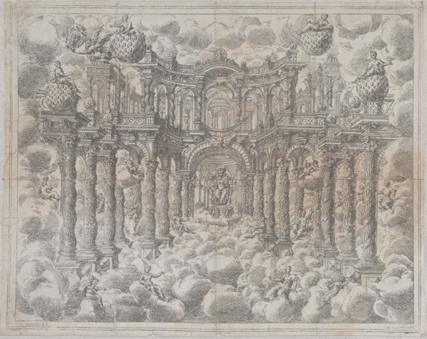 Plate 2 [counterproof]: Stage set with allegorical figures seated among the clouds, with a..., 1690. Creator: Giovanni Antonio Lorenzini.