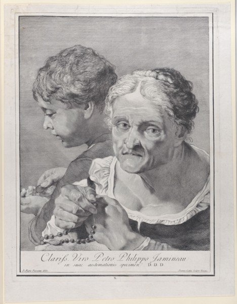 Old woman with a rosary and a boy counting coins, 1743.  Creator: Giovanni Cattini.