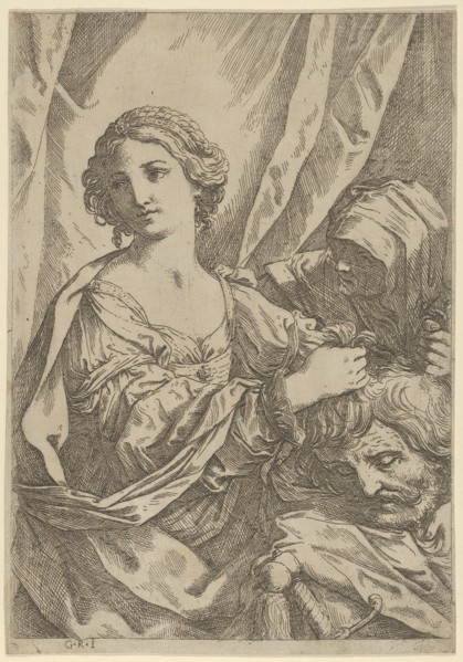 Judith grasping the head of Holofernes by the hair and looking to the left, an old wo..., 1600-1640. Creator: Giovanni Andrea Sirani.
