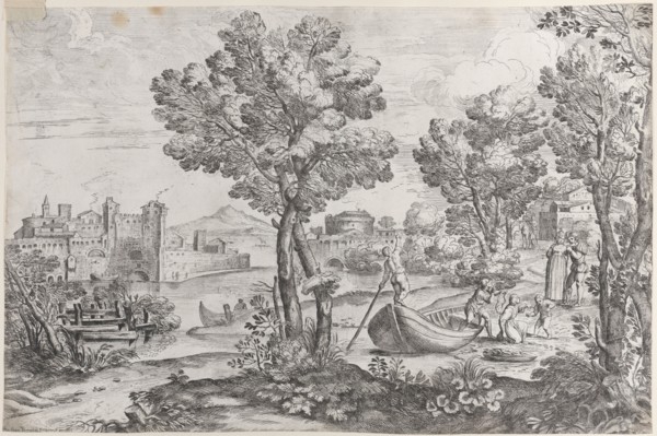 Landscape with a man holding a snake to a terrified child, watched by a fashionably dre..., 1626-80. Creator: Giovanni Francesco Grimaldi.