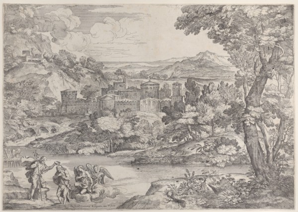 The Baptism of Christ at lower left, within a landscape, 1626-80., 1626-80. Creator: Giovanni Francesco Grimaldi.
