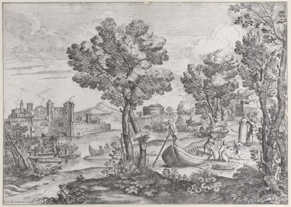 Landscape with a man holding a snake to a terrified child, watched by a fashionably dre..., 1626-80. Creator: Giovanni Francesco Grimaldi.