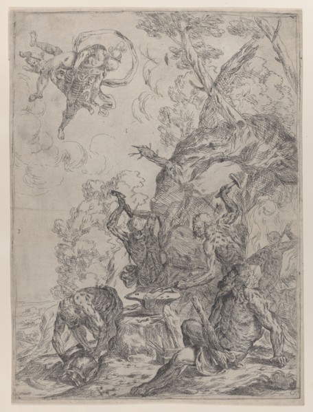 The forge of Vulcan with smiths striking an anvil with hammers..., 1640-59. Creator: Giovanni Pietro Possenti.