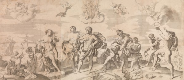 Bacchus with his companions discovering Ariadne on the island of Naxos, after Reni, 165..., 1650-80. Creator: Gian Battista Bolognini.
