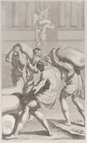 Men bringing bags of lead into Saint Benedict's monastery, 1687-1717. Creator: Giacomo-Maria Giovannini.