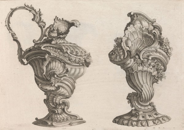 Designs for a Ewer and a Lidded Vase, Plate 2 from: 'Schöne und auf die neu..., Printed ca. 1750-56. Creator: Jeremias Wachsmuth.