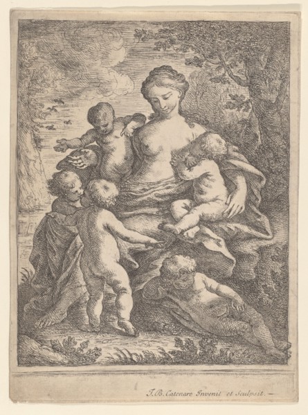 Charity, seated in a landscape surrounded by five nude children, 1692-1727. Creator: Giovanni Battista Catenaro.
