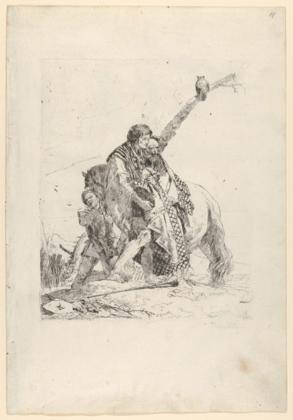 Three Men standing beside a Horse, from the Scherzi, ca. 1740. Creator: Giovanni Battista Tiepolo.