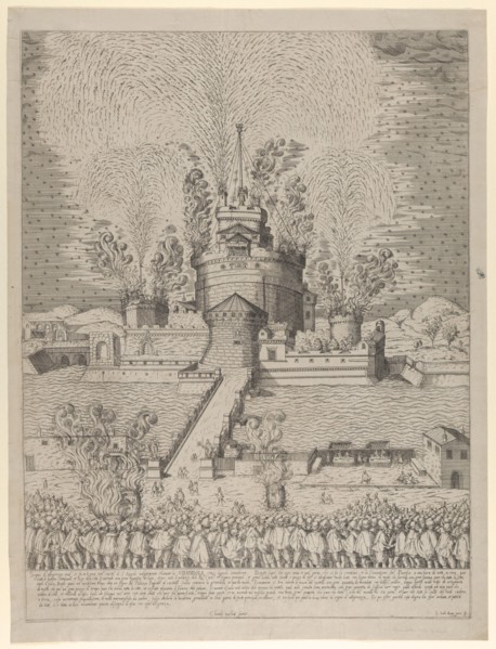 The firework display called 'Girandola' at the Castello Sant'Angelo in Rome, a nocturnal s..., 1579. Creator: Giovanni Ambrogio Brambilla.
