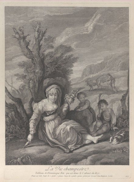 A country woman sitting in landscape with two boys at her side, 1729-40. Creator: Gérard Jean-Baptiste Scotin.