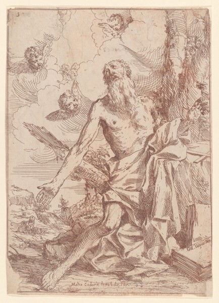 Saint Jerome kneeling beside a tree with his arms outstretched, 1640-60. Creator: Giulio Carpioni.
