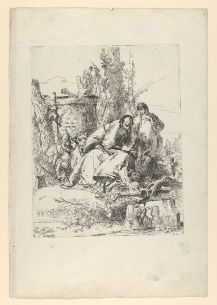 Seated magician, boy and four figures from the Scherzi di Fantasia, ca. 1743-50. Creator: Giovanni Battista Tiepolo.