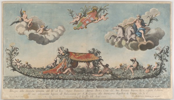 The highly ornamented second gondola of Francesco Antonio Berka entering Venice, Gods on c..., 1700. Creator: Johann Georg Wolfgang.