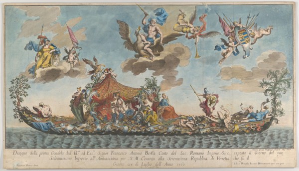 The highly ornamented first gondola of Francesco Antonio Berka entering Venice, Gods on cl..., 1700. Creator: Johann Georg Wolfgang.