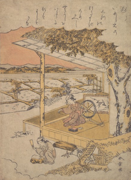 Woman on Veranda, Spinning..., 18th century. Creator: Shunsho.