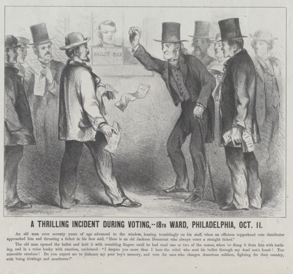 A Thrilling Incident During the Voting, 18th Ward, Philadelphia, October 11, 1864. Creator: Harley.