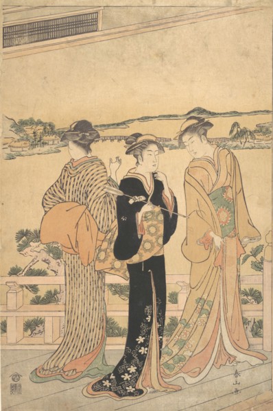 Three Women on a Veranda Overlooking a Bay, late 19th century. Creator: Katsukawa Shunzan.