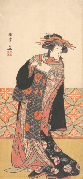Nakamura Riko as Richly Clad Courtesan Standing in a Room, ca. 1778. Creator: Shunsho.