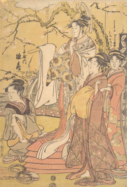 The Oiran Hinazuru of Chojiya Standing upon a Pile of Futon, ca. 1794. Creator: Kitagawa Utamaro.