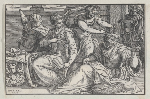 Lucretia instructing her daughters in needlework, 1557. Creator: Giuseppe Porta.