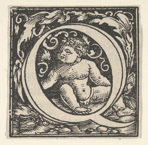 Initial letter Q with putto, ca. 1538. Creator: Heinrich Vogtherr.