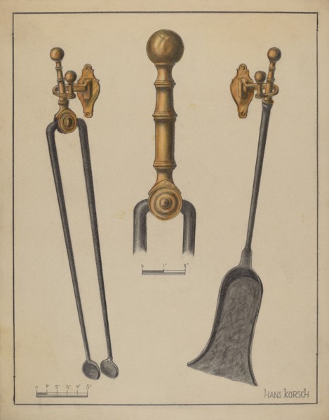 Fire Tongs, Shovel, and Jamb Hooks, c. 1937. Creator: Hans Korsch.