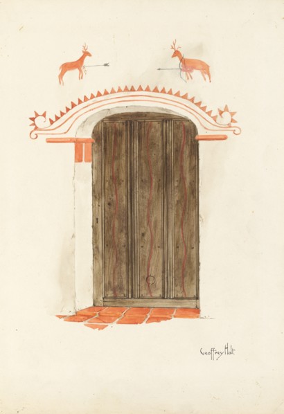 Restoration Drawing: Wall Decoration Over Doorway, Facade of Mission-House, c. 1937. Creator: Geoffrey Holt.