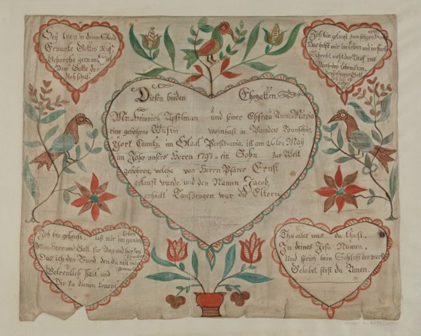Pa. German Birth and Baptismal Certificate, c. 1940. Creator: Elmer R. Kottcamp.