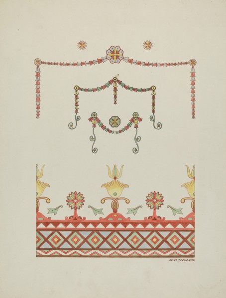 Wall Decorations (Drawing Made from a Restoration), 1936. Creator: Randolph F Miller.