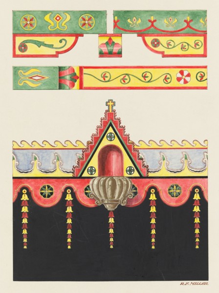 Wall and Ceiling Decorations, and Holy Water Font; Restoration Drawing, 1936. Creator: Randolph F Miller.