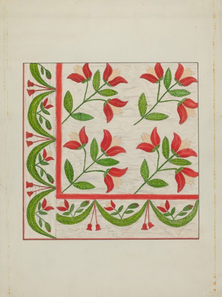 Quilt - Appliqued in Bellflower Design, c. 1937. Creator: Margaret Linsley.